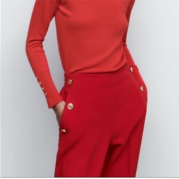 Zara Red Straight Leg Gold Button Detail High Waisted Pants Size Small - Picture 2 of 16